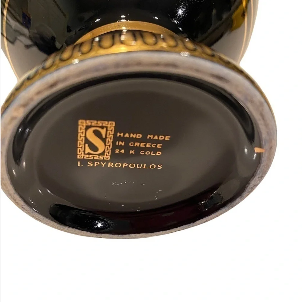 Vintage i. Spyropoulos Greek Black Mythology Vase. Hand Made in Greece 24K Gold